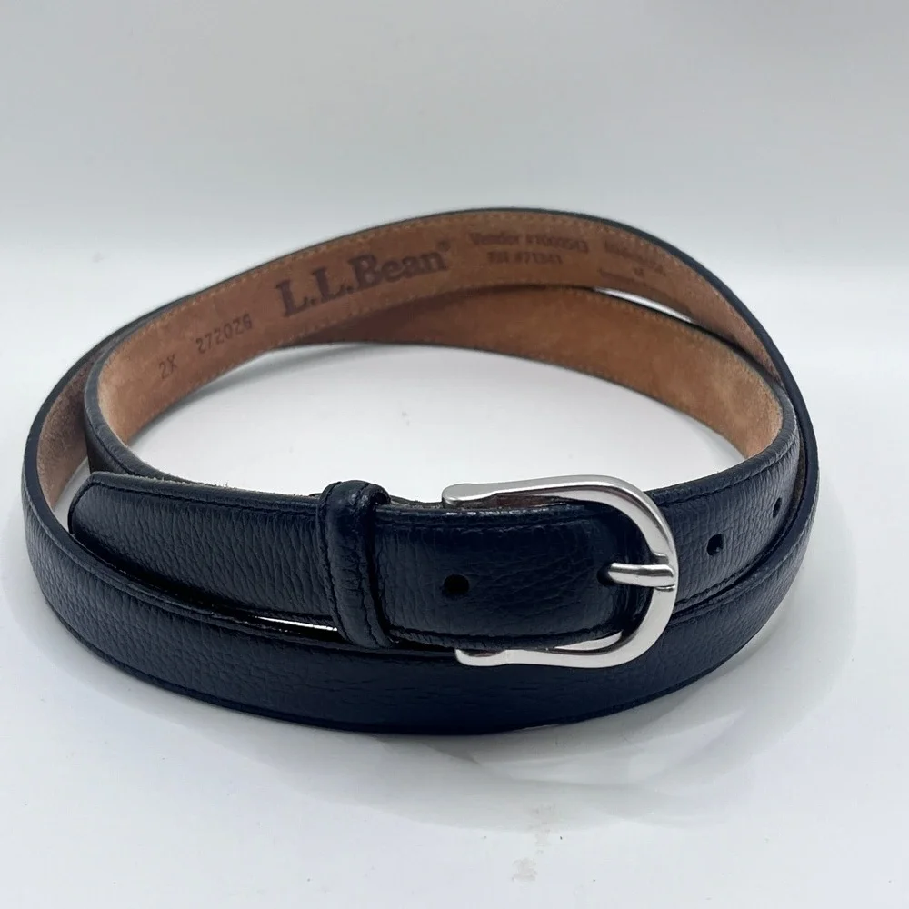 LL Bean Mens Black Full Grain Leather Belt Silver Buckle Made in USA 2X 272026